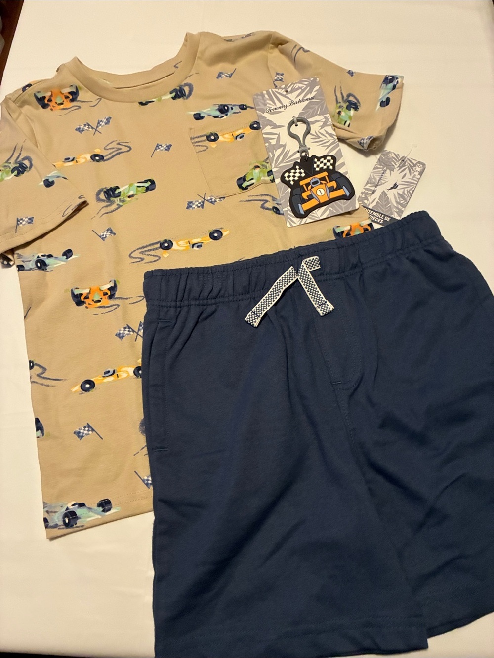 Tommy Bahama Kids Beige Racing Car Tee & Navy Shorts Set